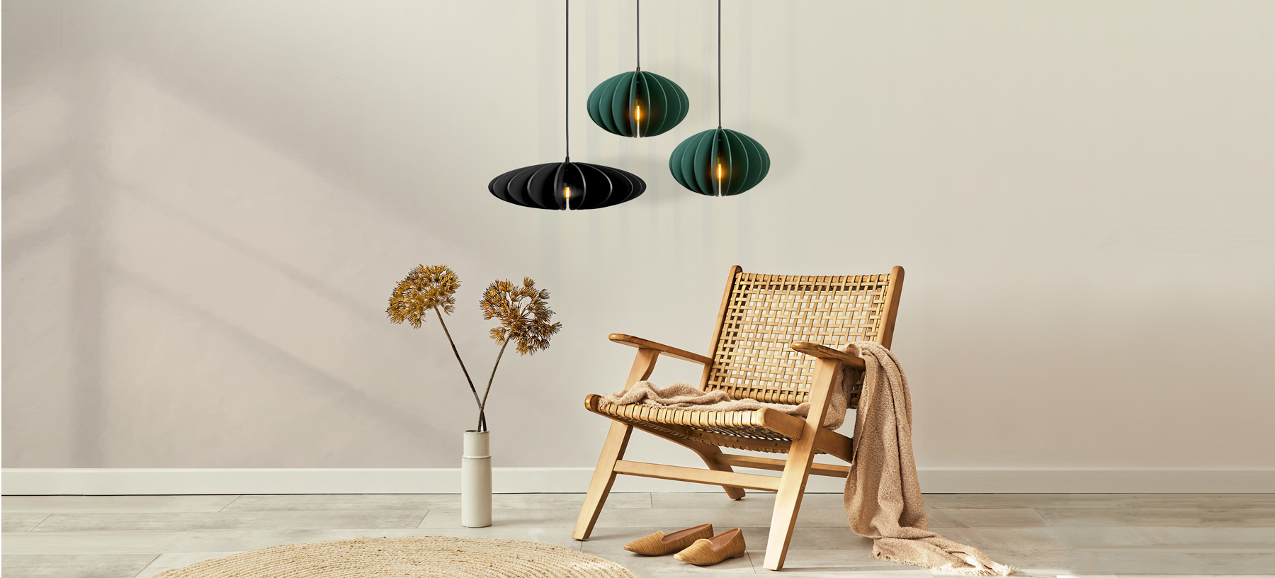 Modern cozy lighting, three pendants lights create the desired warm interior atmosphere, multi-colored