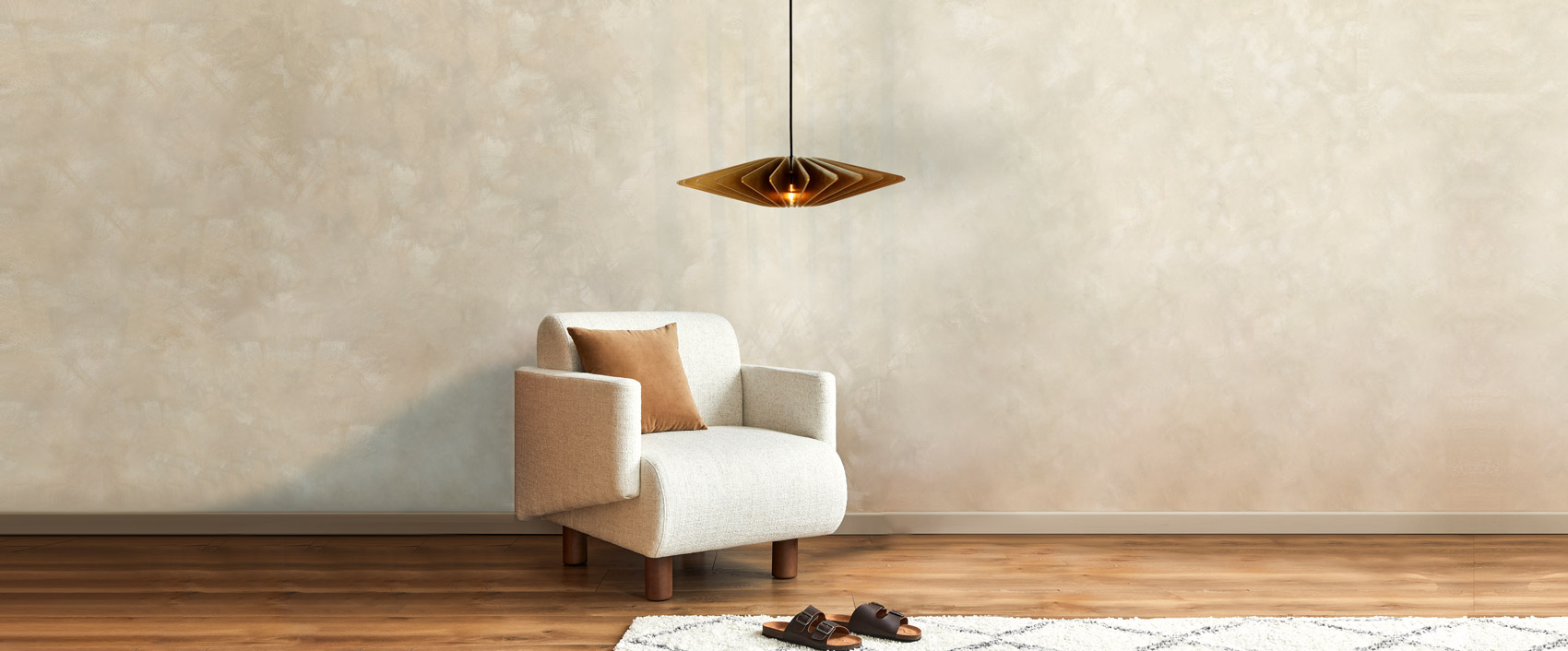 Modern cozy lighting, golden pendants light creates the desired warm interior atmosphere, golden paint