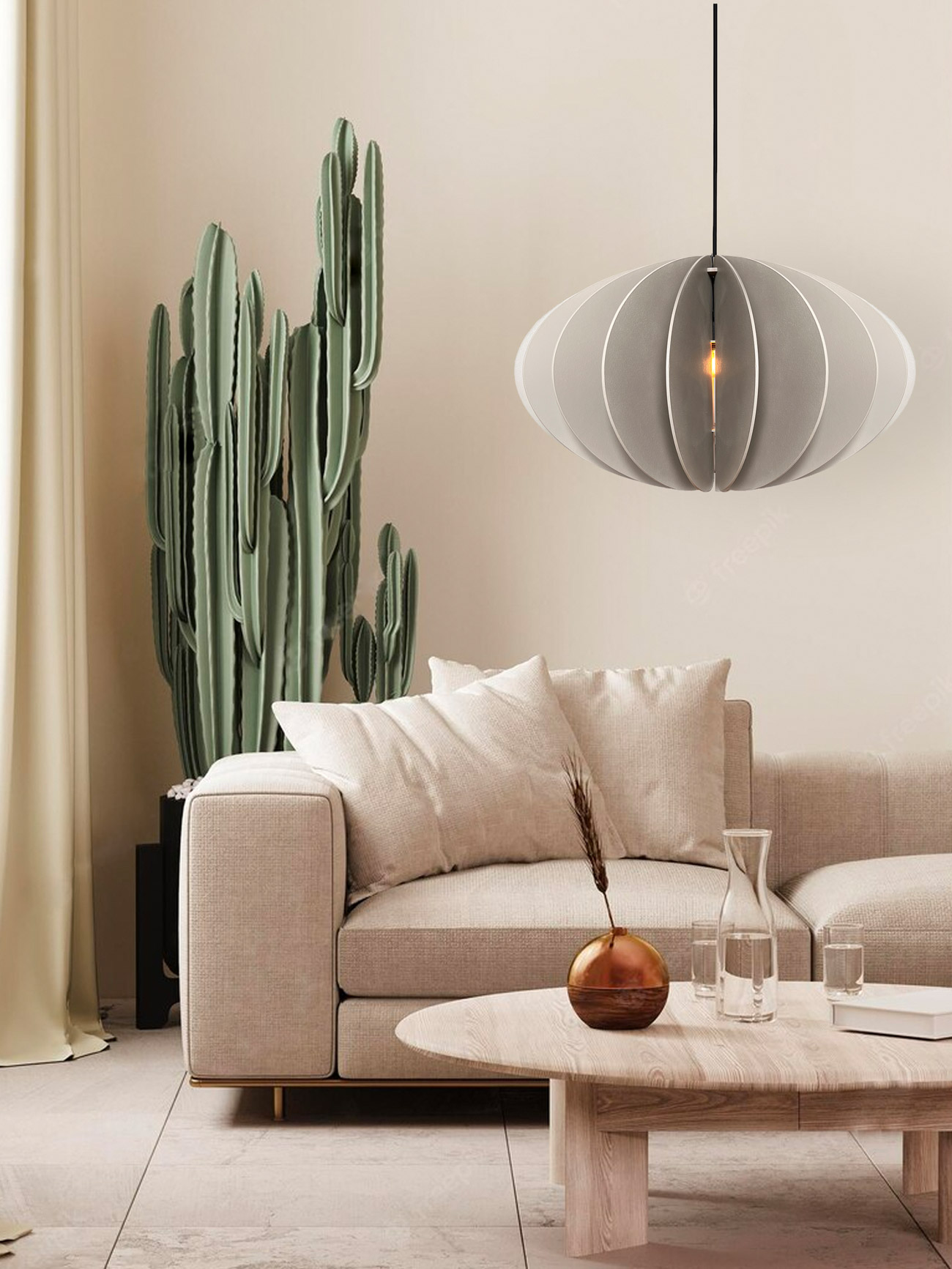 Stylish and modern lighting design for beige interior spaces, pendant lamp made from wood in the color beige