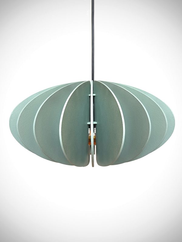 Modern lighting design for interior spaces, pendant lamp made from wood in the color sage