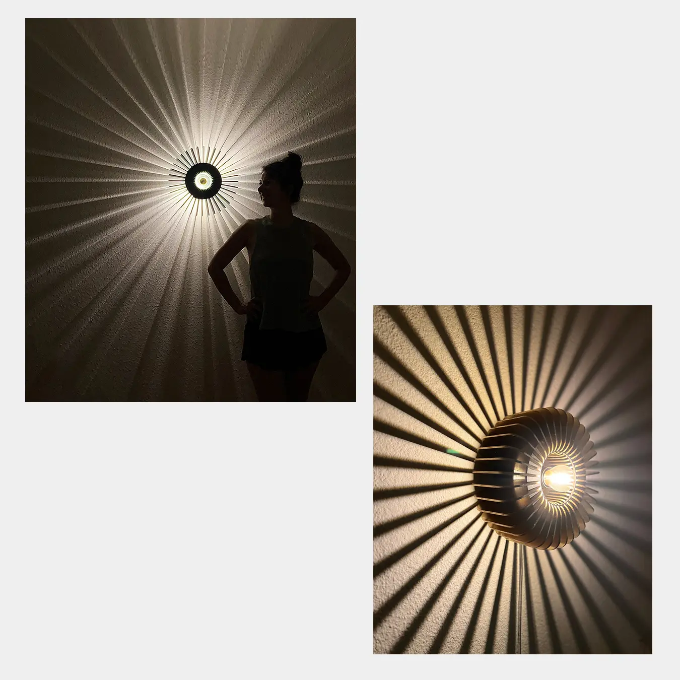 Designerin steht vor einer Wandlampe, die ein dramatisches Licht- und Schattenspiel erzeugt.